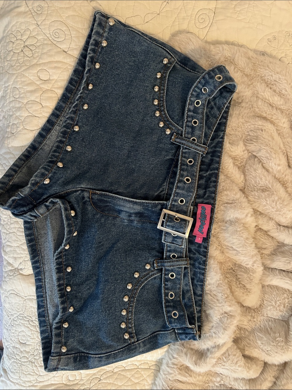 Edikted Dark Blue Studded Denim Jean Shorts